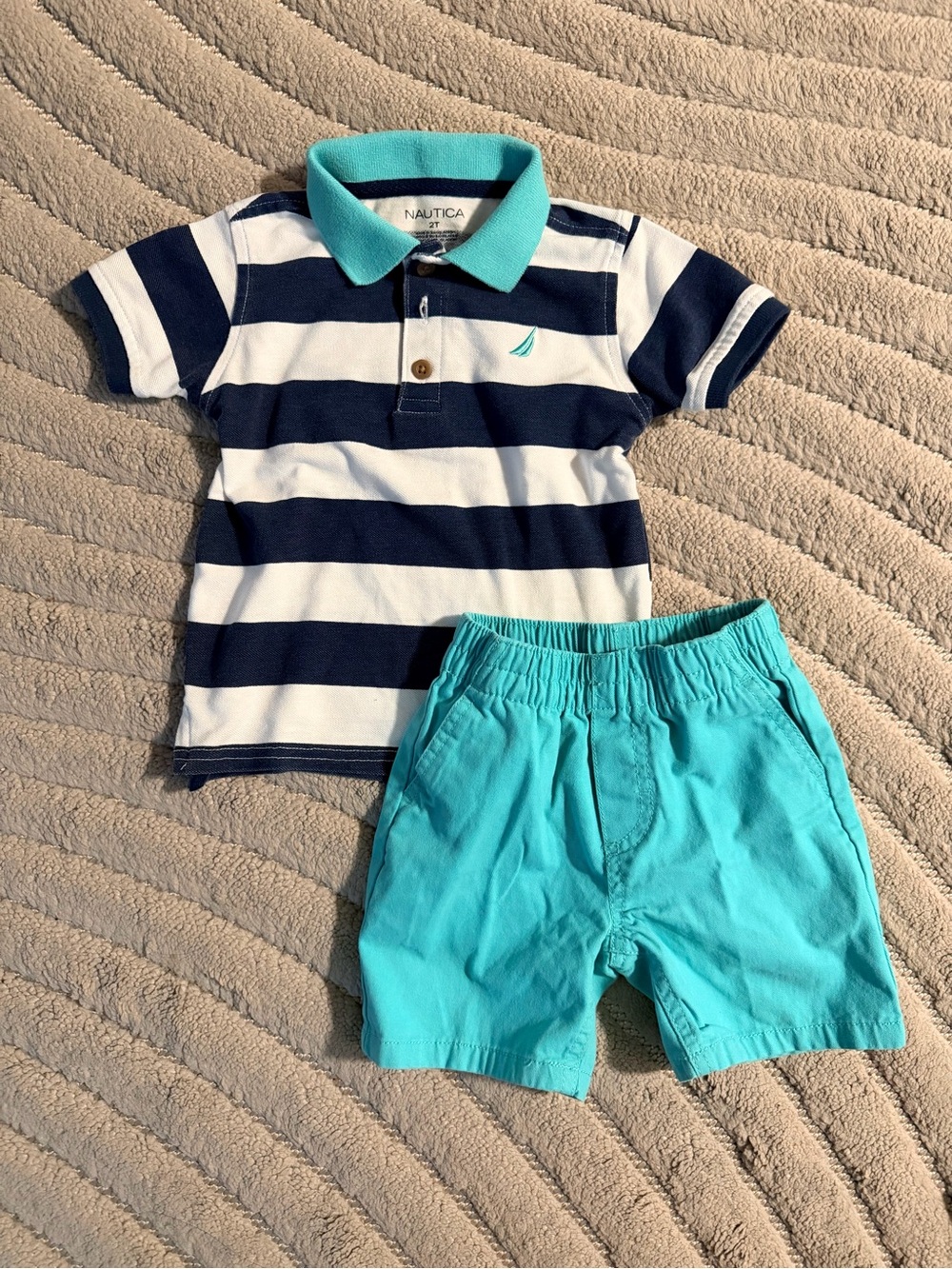 Nautica Boys Navy & White Stripe Polo with Aqua Collar and Aqua Shorts